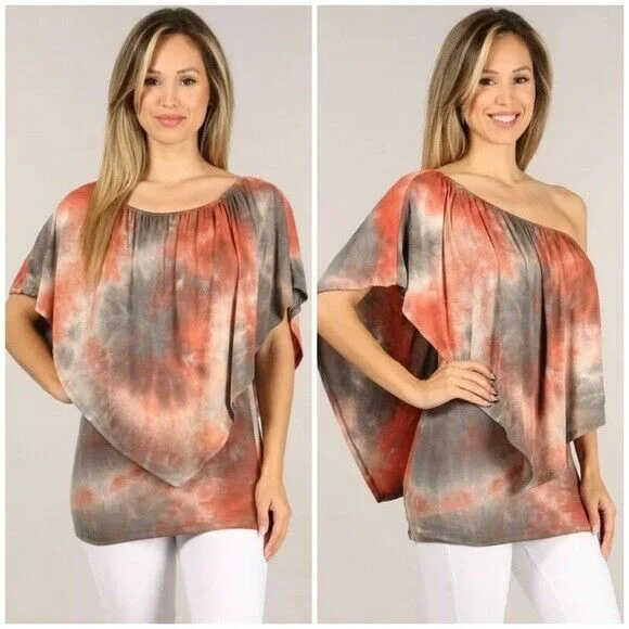 Anniversary Sale Rust Gray Tie Dye Boho Convertible Off One Shoulder Womens Casual Top Anniversary Sale Rust Gray Tie Dye Boho Convertible Off One Shoulder Womens Casual Top