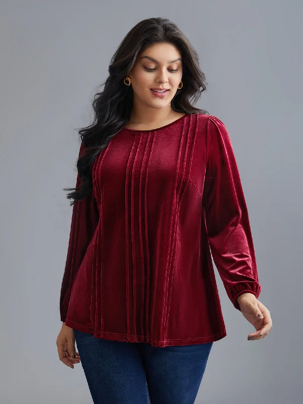 The Best Prices Plain Round Neck Gathered Velvet Blouse