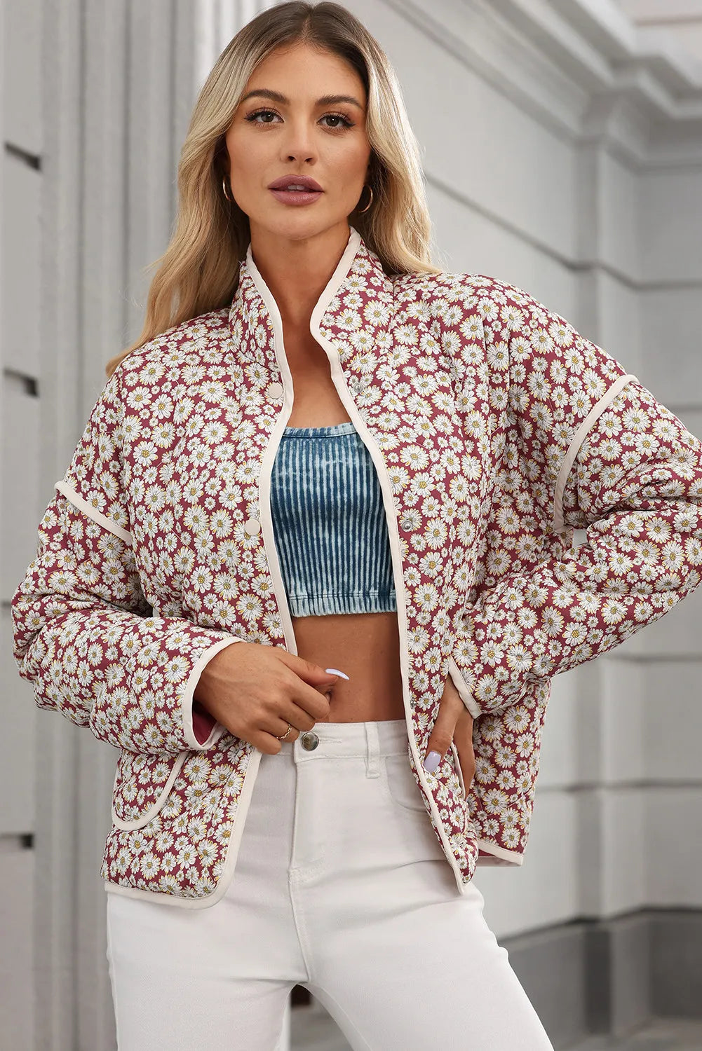 Limited Supply Floral Snap Down Mock Neck Coat