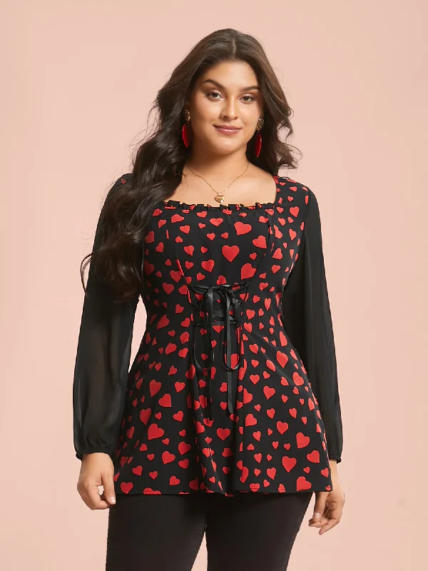 Daily Specials Heart Print Patchwork Waist-Tie Blouse