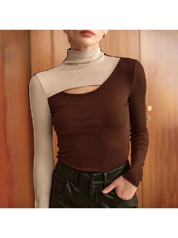 Massive Deals Colorblock Hollow-out Mock Neck Fitted Tops