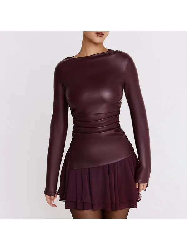 Crazy Savings Ruched Split Hem PU Bodycon Tops
