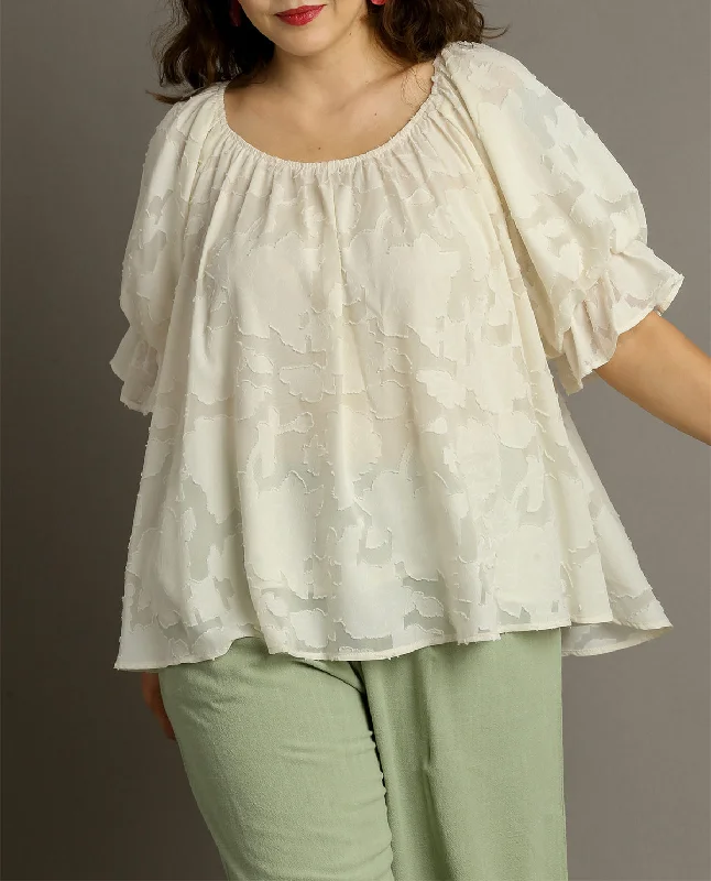 Price Slash PLUS Jacquard Lace Bubble Sleeve Top