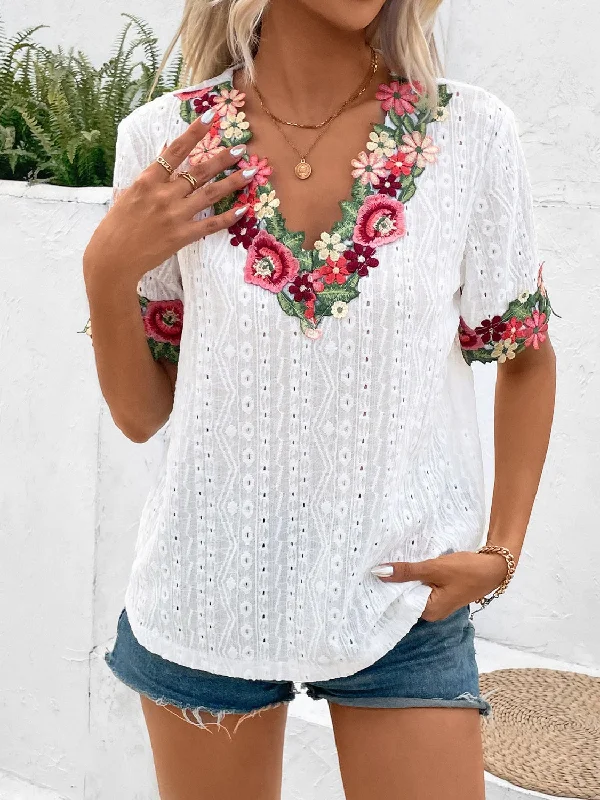 Weekend Discounts to Enjoy Eyelet Embroidered V-Neck Short Sleeve Blouse