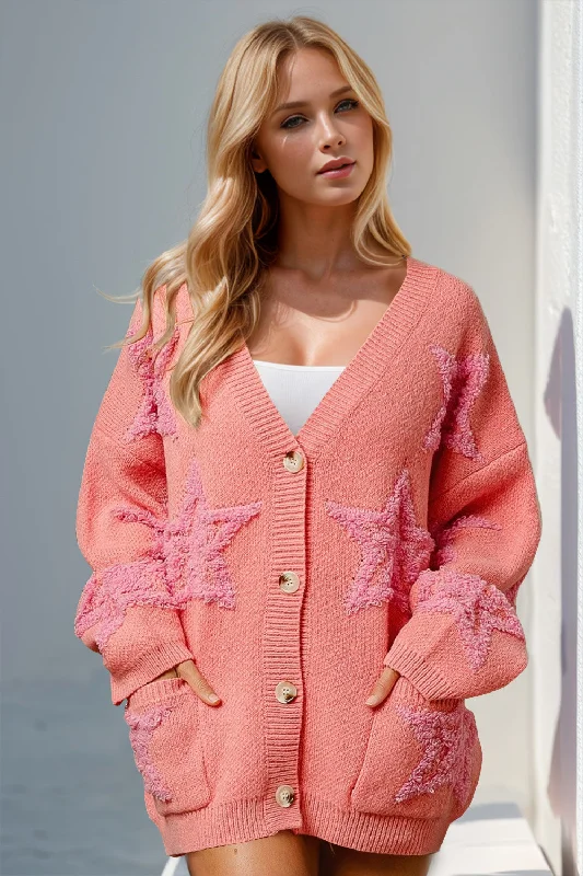 Can't Be Beat Double Take Full Size Button Up Star Pattern Cardigan