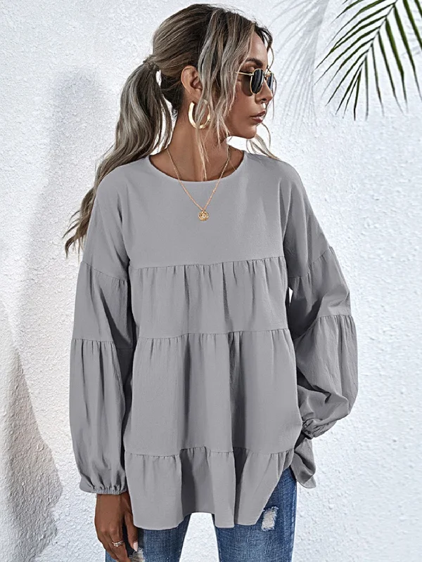 Buy Today Round Neck Dropped Shoulder Tiered Blouse