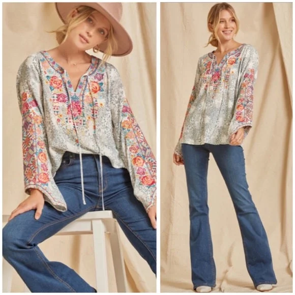 Limited Time Colorful Boho Floral Embroidered Long Sleeve Tie Woven Blouse Casual Women's