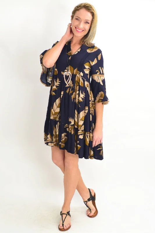Limited Time Discount Navy Bell Cuff Tropical Leaf Tunic Dress