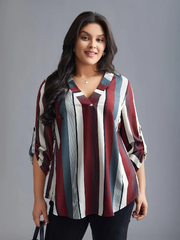 Weekend Offers That Please Vertical Striped V-Neck Tab Sleeve Blouse