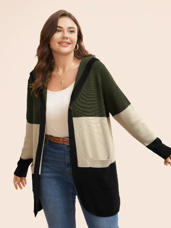 Value Deals Colorblock Contrast Patched Pocket Hooded Cardigan