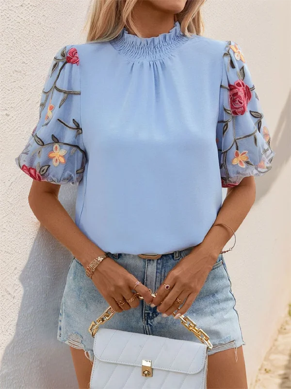 Year-End Sale Embroidered Mock Neck Puff Sleeve Blouse