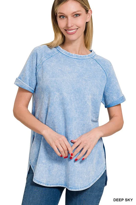 Overstock Sale F/TERRY ACID WASH SHORT CUFF SLEEVE PULLOVER