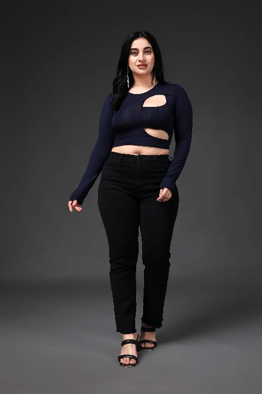 Savings Event Navy Blue Solid Front Cut Crop Top