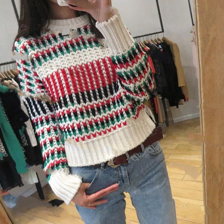 YEAR-End Sale Autumn Spring Crew Neck Stylish Striped Women Winter Plaid Short Pullover Sweaters Ladies Jumpers