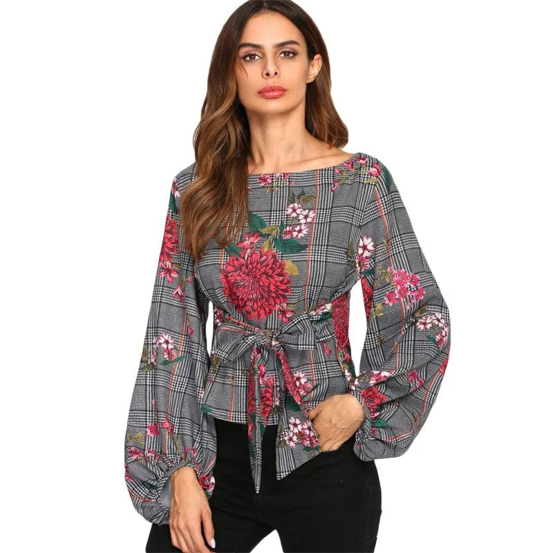 Anniversary Sale HOLLY’S HOUNDSTOOTH FLORAL LANTERN SLEEVE TOP