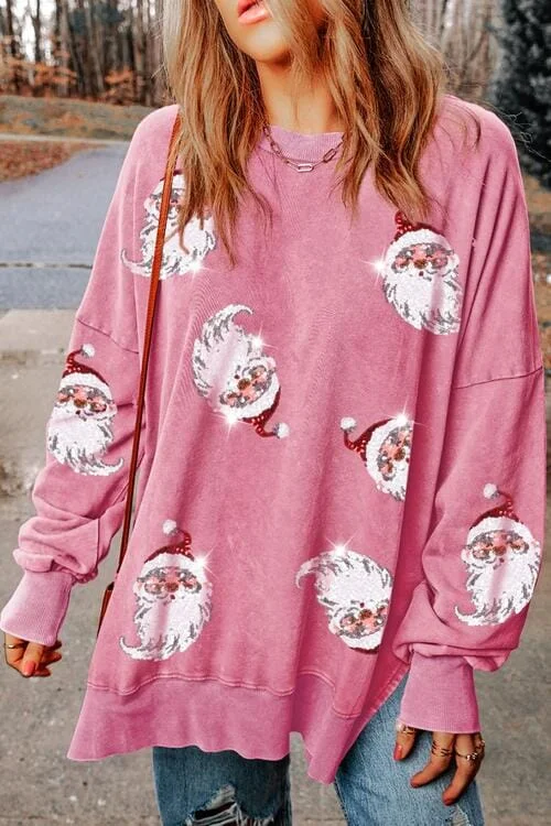 Daily Special Sequin Santa Pink Drop Shoulder Slit Sweatshirt