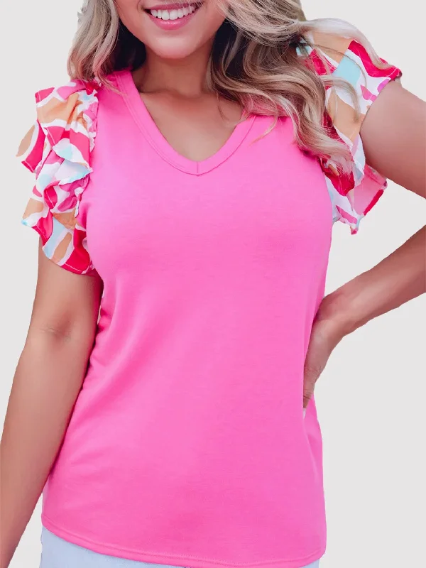Weekend Deals That Excite Ruffled Printed V-Neck Short Sleeve Blouse