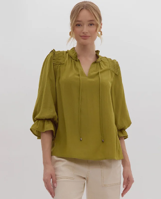 Weekend Bargains Just for You Notched Dijon Solid Ruffle Sleeve Top