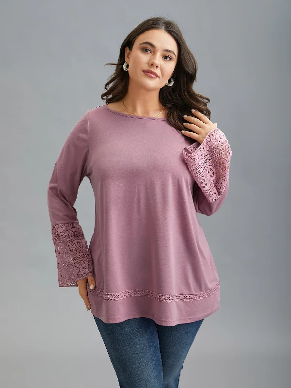 Epic Value Boat Neck Lace Design Plain Knit Top