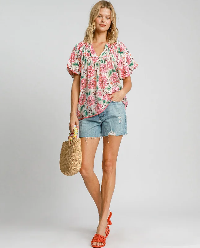 Final Sale Floral Print Top with Puffed Sleeves