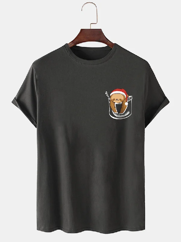 Super Deal Mens 100% Cotton Christmas Bear O-Neck Solid Color Thin T-Shirt