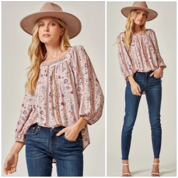Lowest Prices Mauve Bohemian Floral Print Peasant Long Sleeve Tie Back Square Neck Blouse
