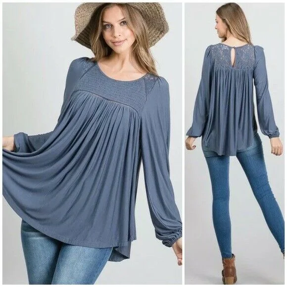 One-DAY Sale Steel Blue Boho Long Sleeve Modal Smocked Lace Yoke Tunic Casual Womens