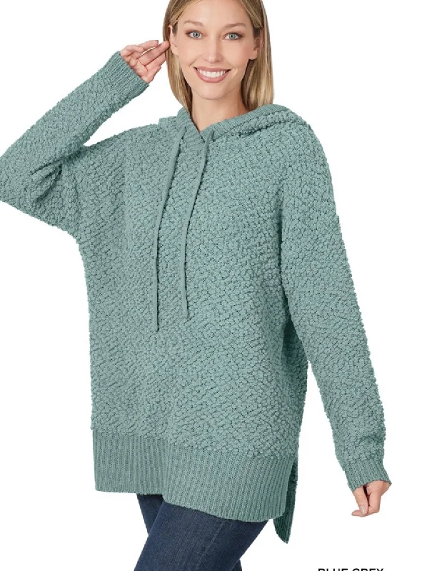 Price Slash Hooded Hi-Low Hem Popcorn Sweater