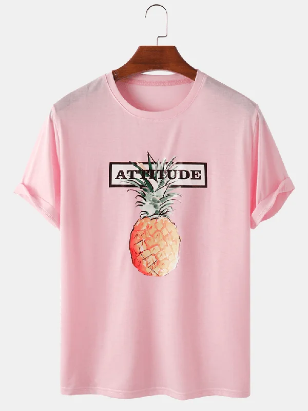 Price Cut 100%Cotton Letter Print Pineapple Pattern Pink Short Sleeve Casual T-Shirts
