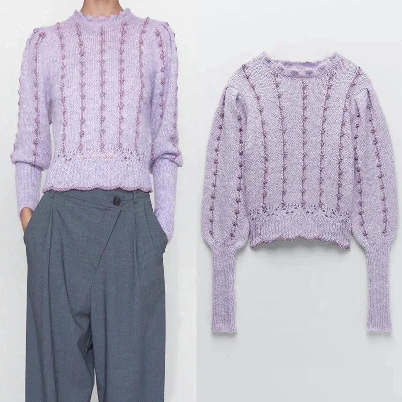 Sale Event Women Winter Thread Knit Sweater Long Sleeve High Collar Vintage Purple Sweaters Woman Streetwear Slim Pullover