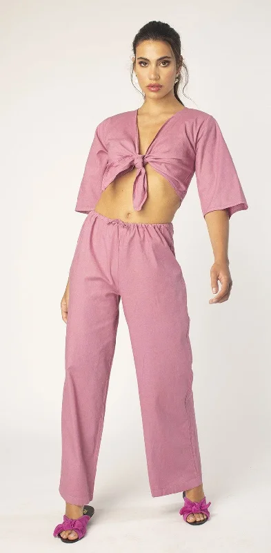 Weekend Special Cassis Tie Front Half Sleeve Linen Top