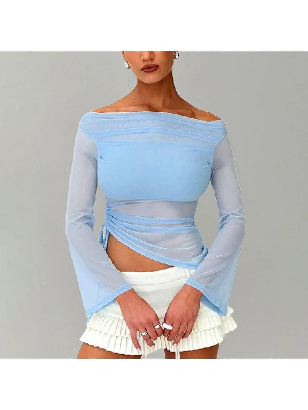 Weekend Shopping Made Better Drawstring See Through Off Shoulder Tops