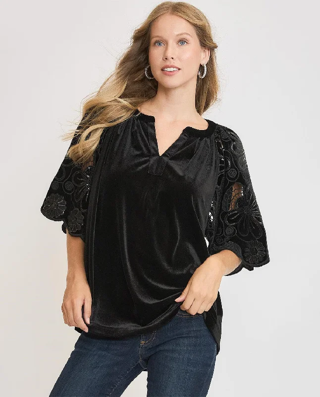 Weekend Deals That Dazzle Velvet Top with Floral Sleeve
