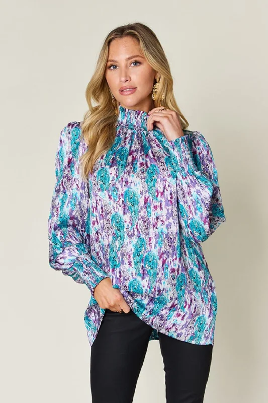Holiday Sale Double Take Full Size Printed Smocked Long Sleeve Blouse
