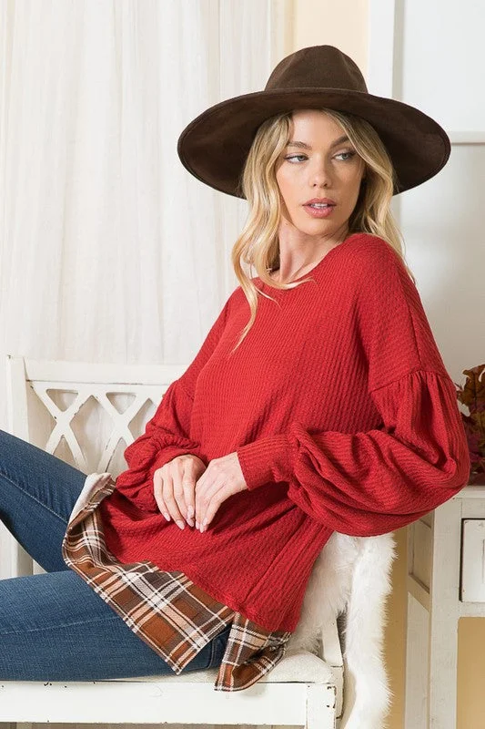 Flash Deals Balloon Sleeve Top with Plaid Print Contrast