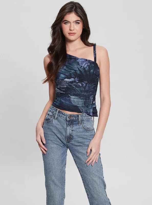 Weekend Deals That Impress Tropical Print Shirred Mesh Dinah Top