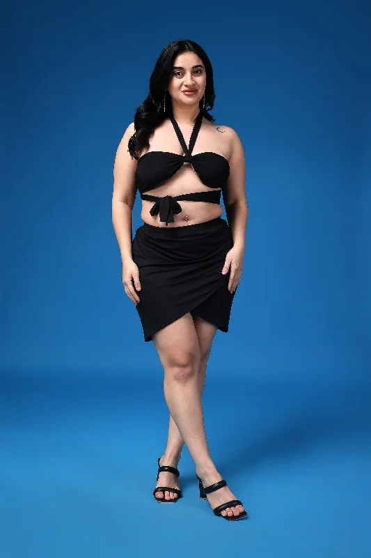 Super Sale Black Solid Top with Halter Neck Tie
