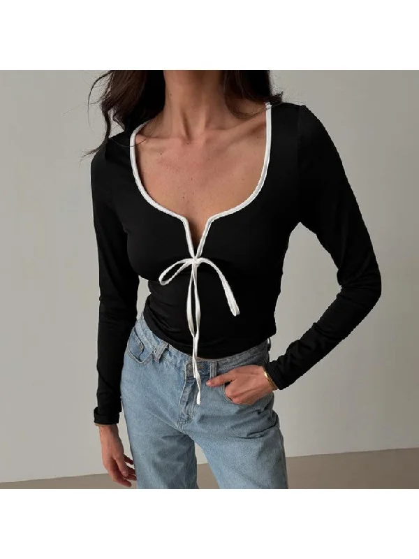 Fantastic Deals Lace Up Bow Square Neck Cropped Tops