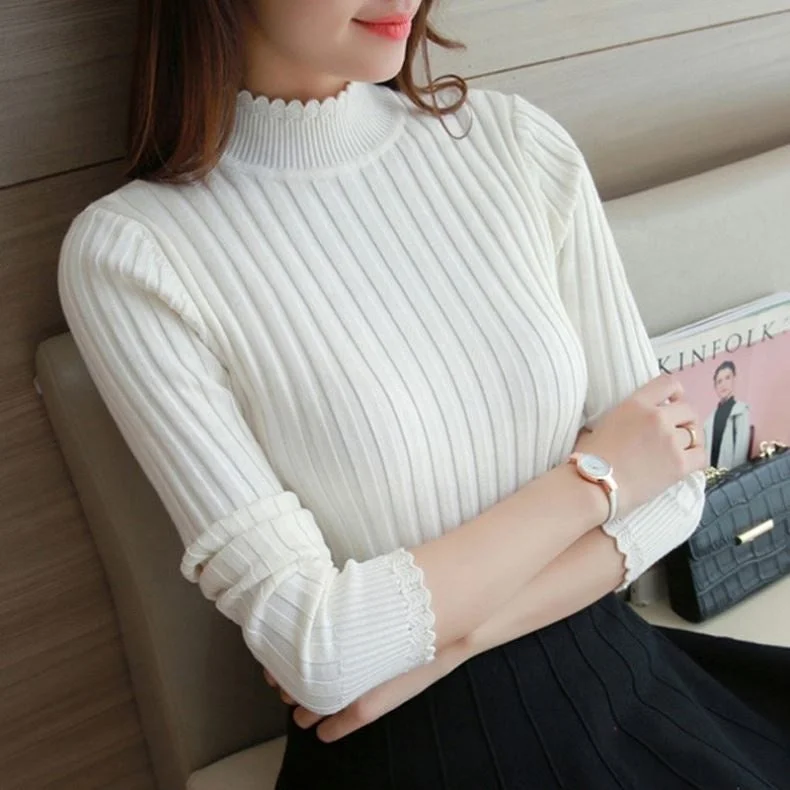 Crazy Deals Hot Sale Korean Style High Neck Slim Fit Girls Spring Thin Sweater