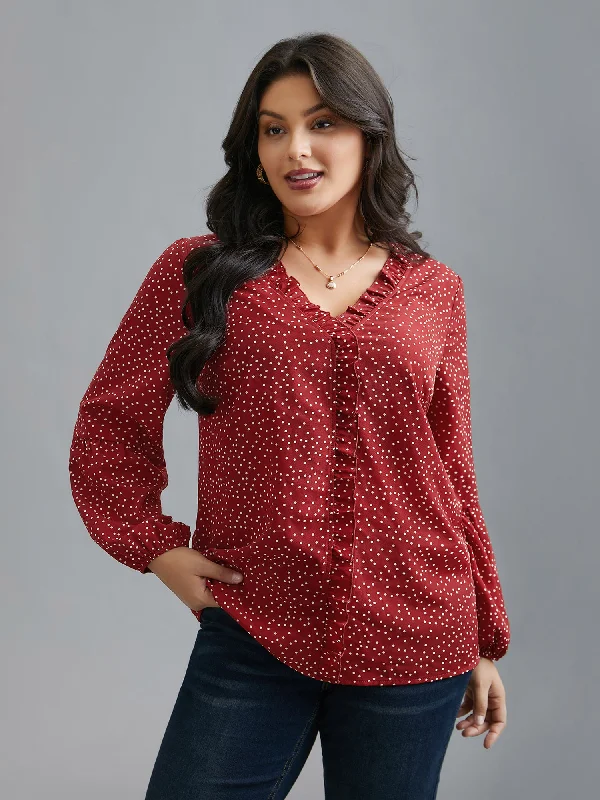 Super Bargain V-Neck Polka Dot Ruffled Blouse