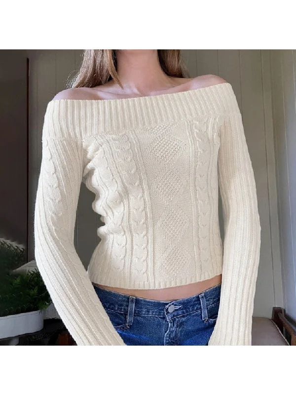 Weekend Savings Bonanza Patchwork Long Sleeve Off The Shoulder Sweater