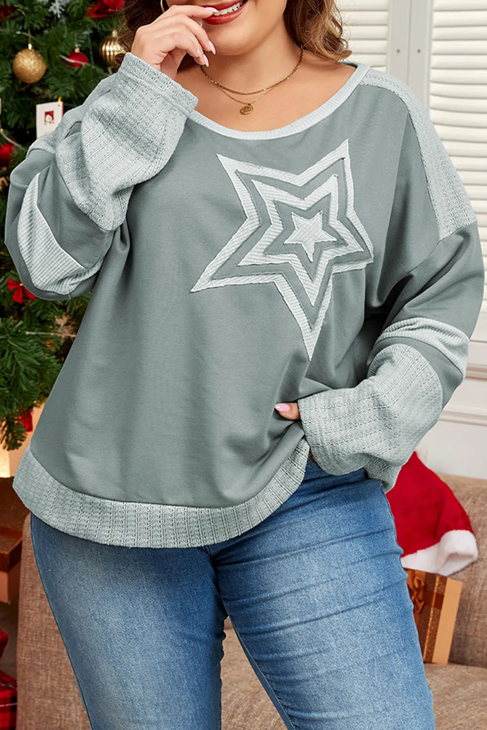 Fantastic Savings Plus Size Star Round Neck Long Sleeve Top
