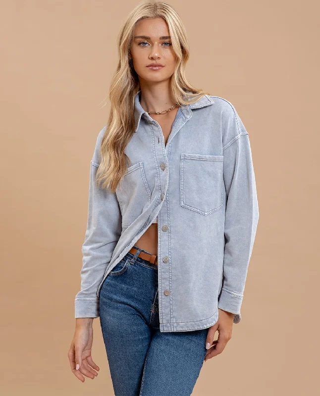 Weekend Offers You Can't Ignore Washed Chambray Collared Button-Down Oversize Top
