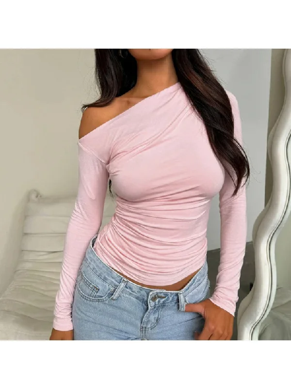 Stock Clearance Plain Ruched Inclined Shoulder Cropped Tops