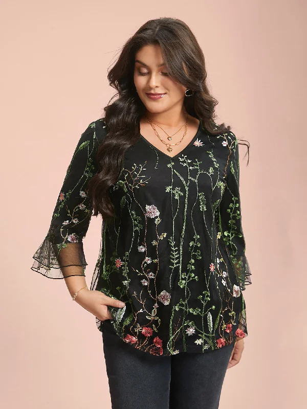 TIME-Limited Offer Embroidered Mesh Lotus Leaf Sleeve Blouse
