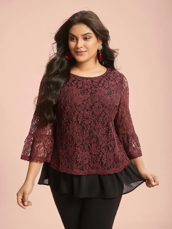 Closeout Deal Round Neck Contrast Lace Ruffled Sleeve Blouse