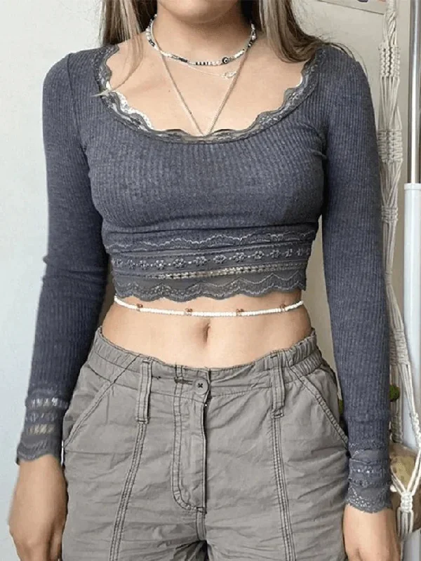 Buy More, Save More BerryBetty - Lace Paneled Long Sleeve Crop Top