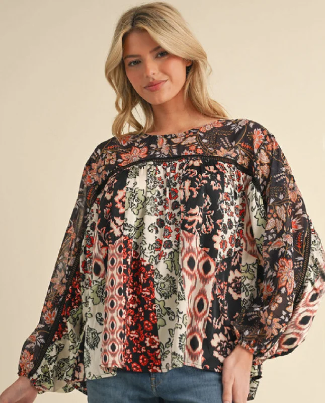 One-DAY Sale Multi-Color Floral Top with Voluminous Sleeves