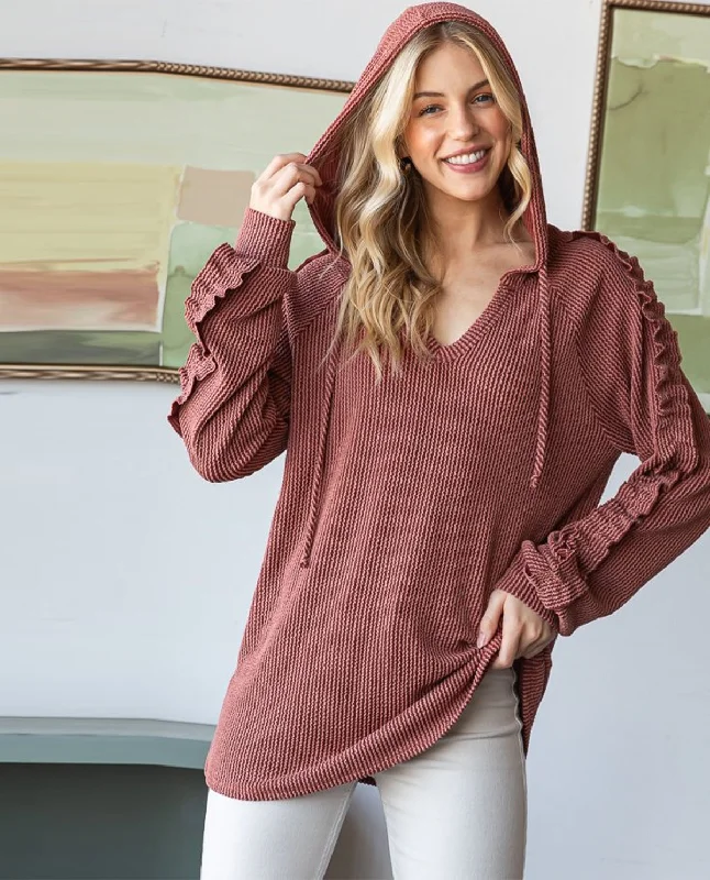 Weekend Specials to Grab Plus V-Neck Hoodie Urban Ribbed Top with Ruffle Sleeves