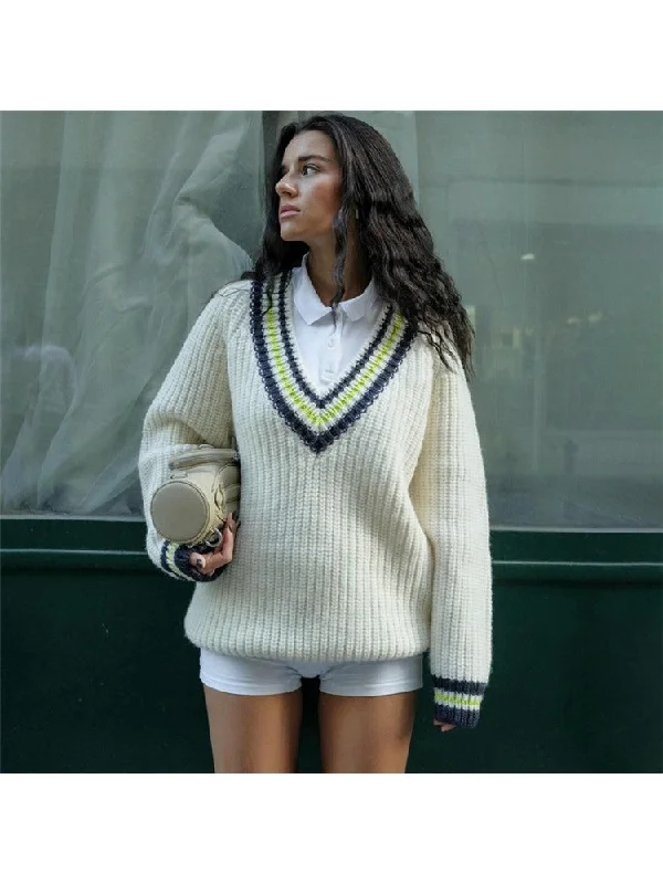 Weekend Offers You Can't Ignore Knitted Colorblock Striped Trim V Neck Sweater